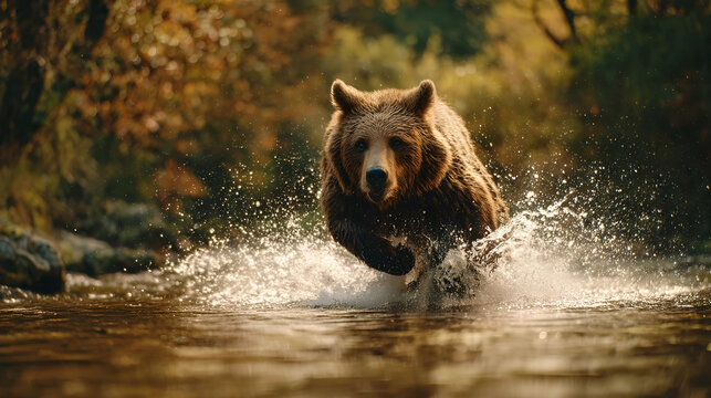Majestic Bear in Action: A powerful bear charging through the water, with droplets splashing and sunlight illuminating its fur, creating a dynamic scene of untamed wilderness. 