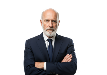 Serious businessman with folded arms isolated on transparent background