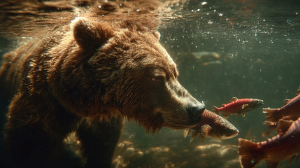 Underwater Bear Hunting: A powerful grizzly bear demonstrates its aquatic hunting skills, diving beneath the surface to catch salmon in a dynamic display of wildlife behavior. Capturing the wild