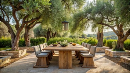 Outdoor dining area under olive trees with modern wooden furniture and a large stone table, surrounded by lush greenery and tall olive branches , modern wooden furniture, olive trees