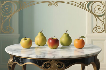 Art nouveau inspired oil painting of five fruits beautifully placed on a marble table in a serene interior scene, harmonious curves