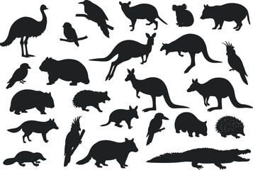 Australian animal silhouettes set, vector illustration of kangaroo, koala, wombat, emu, platypus, crocodile, echidna, bird and wildlife icons