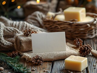 Blank white card on rustic burlap with pinecones and artisanal soap promoting handmade products