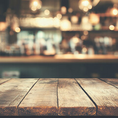 Rustic wooden table, blurred bar background