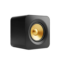 Obraz premium Modern black cube subwoofer with golden woofer cone for immersive audio experiences transparent background