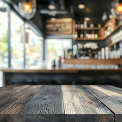 Rustic wooden table, blurred cafe background