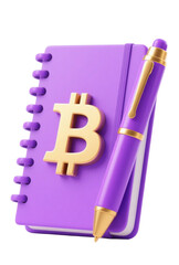 Cartoon-style image with purple spiral notebook, purple pen, and central golden Bitcoin symbol - clean layout with vibrant color contrast for digital currency theme.