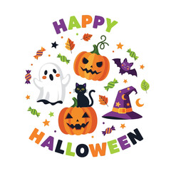 Cute Happy Halloween Spooky Skeleton Pumpkin Trick or Treat Skull and Bat Illustration