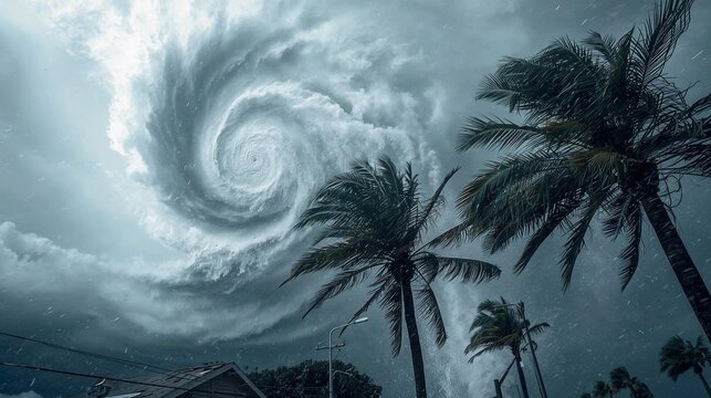 A powerful hurricane making landfall, with towering storm clouds, torrential rain, and high winds lashing palm trees. 