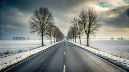 Obraz premium Serene Winter Road A Snowy Path Lined with Bare Trees Extending to a Distant Horizon Under a Dramatic Sky