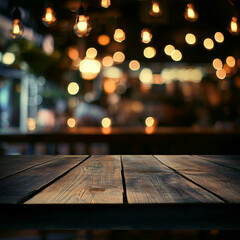 Rustic wooden table, bokeh lights, evening ambiance