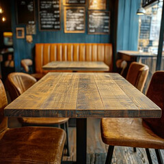 Rustic wooden table and leather chairs in a cozy cafe