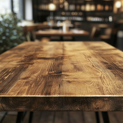 Rustic wooden table top, blurred cafe background