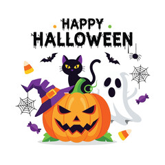Cute Happy Halloween Spooky Skeleton Pumpkin Trick or Treat Skull and Bat Illustration