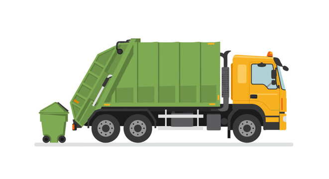 Colorful garbage truck collecting waste in urban setting with recycling bin