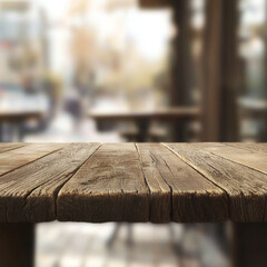 Rustic wooden table top, blurred outdoor cafe background
