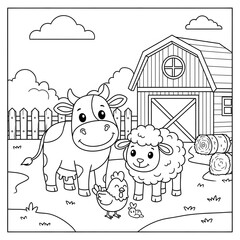 A group of cute cartoon farm animals in front of a barn. Countryside and agriculture concept. A cow, sheep, and chicken for a children's educational coloring book.