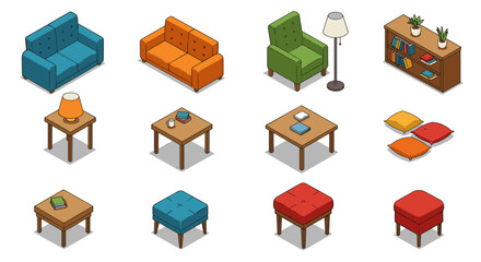Modern isometric living room furniture collection with sofas, tables, and decor elements