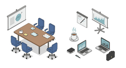 Obraz premium Modern business meeting room with technology and data presentation in isometric design