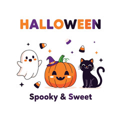 Cute Happy Halloween Spooky Skeleton Pumpkin Trick or Treat Skull and Bat Illustration