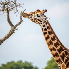 Obraz premium Close-up of a majestic giraffe with its long neck and distinctive spotted pattern, gracefully browsing on the bare branches of a tree against a bright, clear sky, showcasing African wildlife in its na