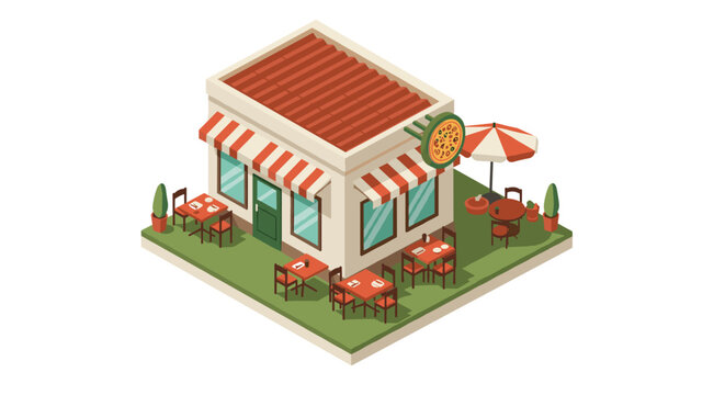 Cozy isometric pizzeria exterior with outdoor seating and retro awning