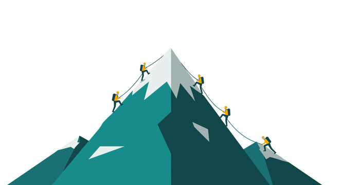 Teamwork and achievement concept with climbers scaling abstract mountain peaks