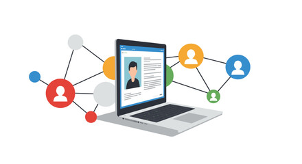 Online networking and communication: laptop with profile connections and social network icons