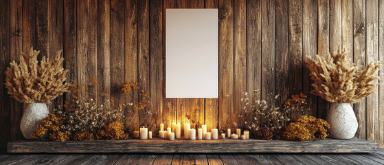 Rustic wooden wall with blank canvas, dried flowers, candles, and vases
