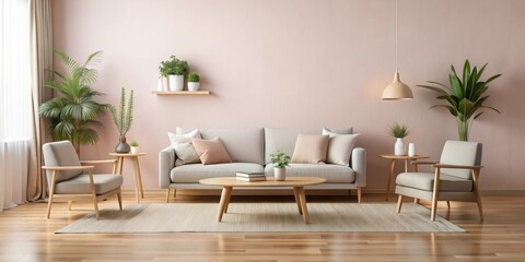 Fototapeta premium Soft pastel pink walls with minimalist furniture and natural wood accents in a serene living room setting, soft pink, serene living room