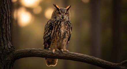 Obraz premium Majestic Eurasian eagle-owl perched on a branch, glowing in soft sunlight