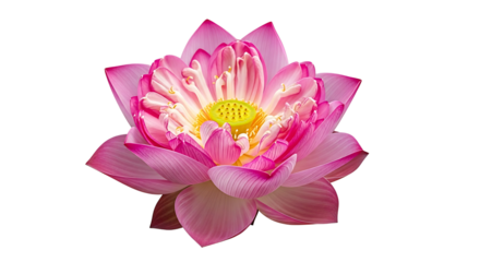 A radiant pink lotus blossom, detailed and vibrant, in exquisite close-up against a stark black backdrop.