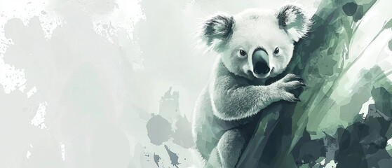 Serene koala portrait, watercolor style, clinging to a tree