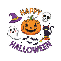 Cute Happy Halloween Spooky Skeleton Pumpkin Trick or Treat Skull and Bat Illustration