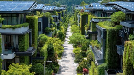 A modern eco-friendly residential area with green-covered buildings and solar panels under a bright sky.