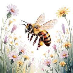 Stunning watercolor bee flying among wildflowers, evoking spring, nature, and pollination