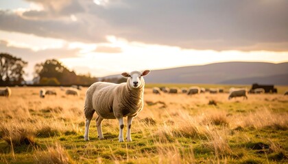 Obraz premium Sheep in golden meadow at sunset