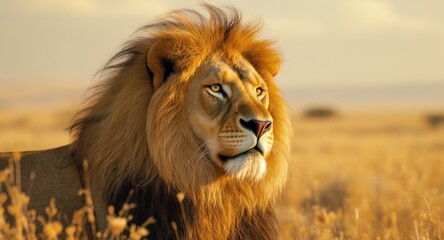 Majestic male lion gazes across golden grasslands, regal mane shining