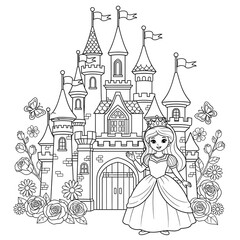 Naklejka premium A beautiful princess in front of a magical fairytale castle. Royalty and fantasy kingdom concept. A graceful character for a children's coloring book page.
