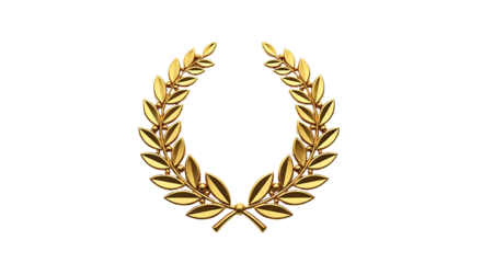 A detailed, golden laurel wreath is displayed against a black background, showcasing intricate leaf design and highlighting a celebratory mood.
