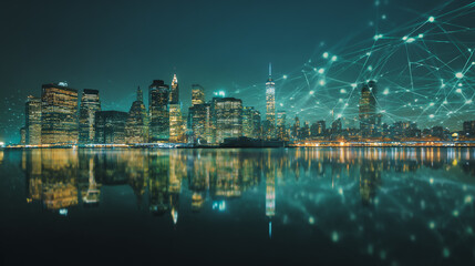 Twilight in the Smart digital Innovation city with connection network reciprocity over the cityscape. of future smart wireless digital city and social media networking systems that connects people