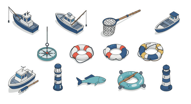 Maritime elements collection with ships, lighthouse, and lifebuoy in isometric style