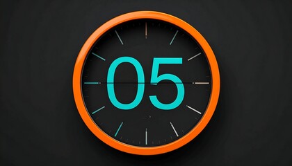 A modern clock displays "05" with an orange frame against a dark background. The hands are thin and subtle