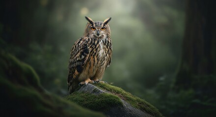 Obraz premium Majestic owl perched on mossy rock in a hazy, green forest