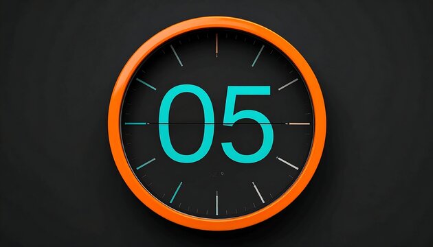 A modern clock displays "05" with an orange frame against a dark background. The hands are thin and subtle