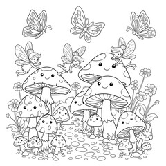 Cute fairies playing in a magical mushroom village. Enchanted forest and fantasy concept. A whimsical scene with mythical creatures for a kids' coloring page.