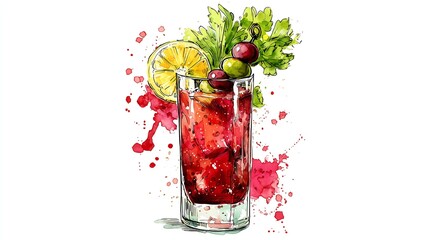 Watercolor Bloody Mary Cocktail with Celery Garnish