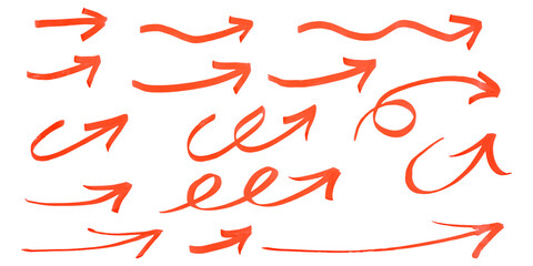 set of hand drawn red arrows,hand draw grunge orange arrow marker isolated transparent png background,hand drawn,vector illustration of brush,Design template or mockup