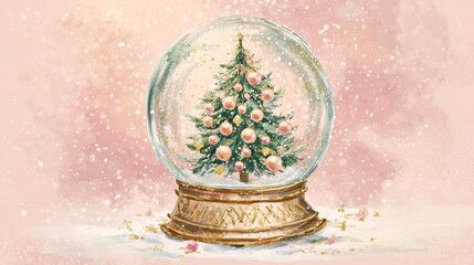 Watercolor Christmas Snow Globe with Shimmering Tree