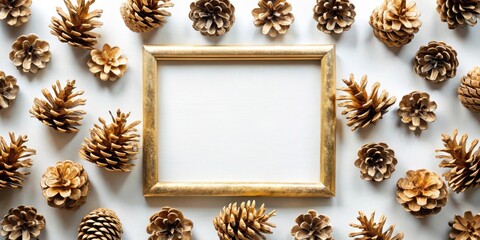 Fototapeta premium Golden Pine Cones Surround a Gilded Frame on White Background for Festive Design